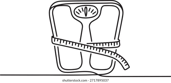 Escalas de corpo de desenho de uma única linha amarradas com fita de medição. Um símbolo para se lembrar da vida saudável o tempo todo. Dieta. Uma linha Ícone desenho
