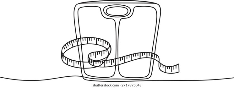Escalas de corpo de desenho de uma única linha amarradas com fita de medição. Um símbolo para se lembrar da vida saudável o tempo todo. Dieta. Uma linha Ícone desenho
