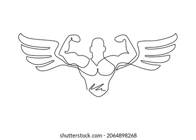 Single one line drawing bodybuilder with wings, fitness and bodybuilding theme. Fitness gym logo design template weightlifting. Sport fitness club. Continuous line draw graphic vector illustration