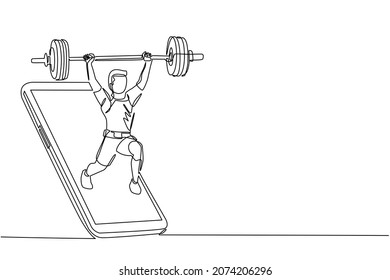 Single one line drawing bodybuilder man doing exercise with heavy weight bar getting out of smartphone screen. Online weight lifting mobile app. Continuous line draw design graphic vector illustration