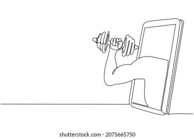 Single one line drawing bodybuilder hand holds dumbbell through mobile phone. Smartphone with fitness games app. Mobile sports stream championship. Modern continuous line draw design graphic vector
