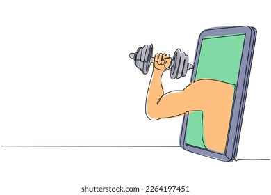 Single one line drawing bodybuilder hand holds dumbbell through mobile phone. Smartphone with fitness games app. Mobile sports stream championship. Modern continuous line draw design graphic vector