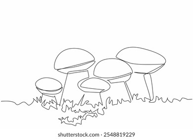 Una sola línea dibujando el hongo boletus edulis en la hierba. Un tipo de hongo comestible con un delicioso sabor. Comida y aperitivos. Sabroso. Día del Champiñón. Ilustración gráfica de diseño de línea continua