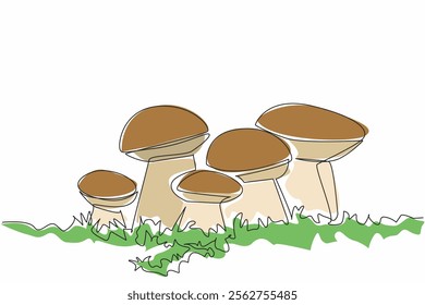 Single one line drawing boletus edulis mushroom in the grass. One type of edible mushroom with delicious taste. Food and snacks. Tasty. Day of the Mushroom. Continuous line design graphic illustration