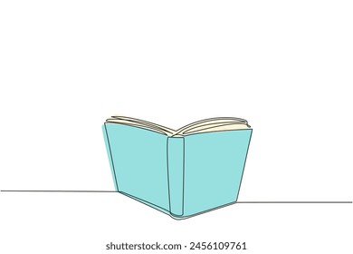 Una sola línea dibujando el libro permanece abierta. Libros expuestos durante el festival del libro. Libros sobre el espacio. Aumentar el conocimiento. Galaxia cósmica en el espacio profundo. Ilustración gráfica de diseño de línea continua