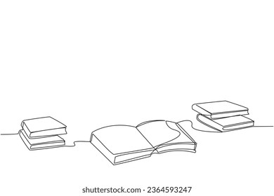 Single one line drawing books are scattered and open during the exhibition. Interested in books about space. Extensive galactic knowledge. Book festival. Continuous line design graphic illustration