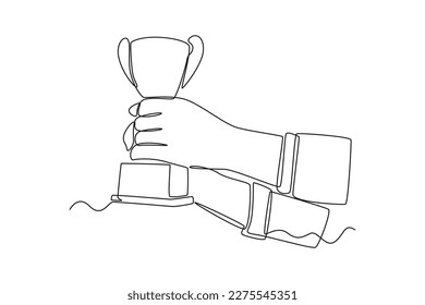 Single one line drawing both hands holding a trophy. Employee appreciation day concept. Continuous line draw design graphic vector illustration.