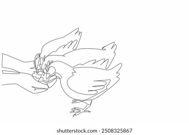 Single one line drawing both hands hold chicken feed to be given to livestock. A patient breeder. Caring with love. Chicken farm. Egg. National Poultry Day. Continuous line design graphic illustration