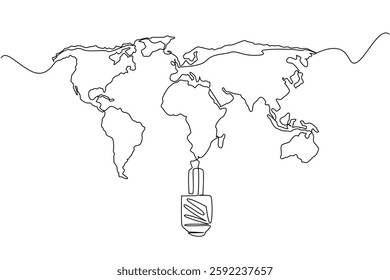 Single one line drawing the bottom of the bulb with the world map on top. Simple technology that can light up the world. Bright. National Technology Day. Continuous line design graphic illustration