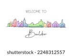 Single one line drawing Boulder city skyline, Colorado. World historical town landscape. Best holiday destination postcard print. Editable stroke trendy continuous line draw design vector illustration