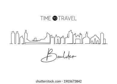 Single One Line Drawing Boulder City Skyline, Colorado. World Historical Town Landscape Print. Best Holiday Destination Postcard. Editable Stroke Trendy Continuous Line Draw Design Vector Illustration