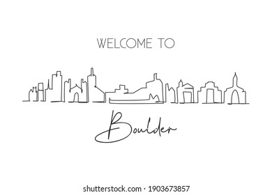 Single One Line Drawing Boulder City Skyline, Colorado. World Historical Town Landscape. Best Holiday Destination Postcard Print. Editable Stroke Trendy Continuous Line Draw Design Vector Illustration