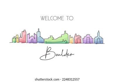 Single one line drawing Boulder city skyline, Colorado. World historical town landscape. Best holiday destination postcard print. Editable stroke trendy continuous line draw design vector illustration