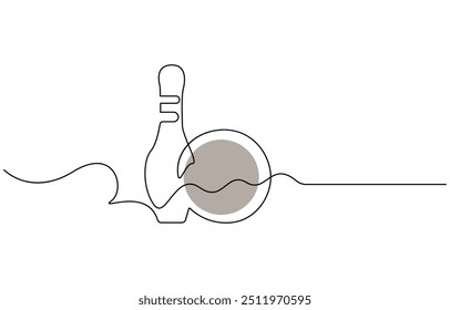 Single one line drawing bowling ball and pins. Sports equipment. Bowling sport game. Ball crashing pins. Strike bowling leisure concept. Modern continuous line draw design graphic vector illustration