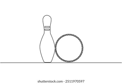 Single one line drawing bowling ball and pins. Sports equipment. Bowling sport game. Ball crashing pins. Strike bowling leisure concept. Modern continuous line draw design graphic vector illustration