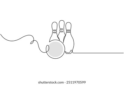 Single one line drawing bowling ball and pins. Sports equipment. Bowling sport game. Ball crashing pins. Strike bowling leisure concept. Modern continuous line draw design graphic vector illustration