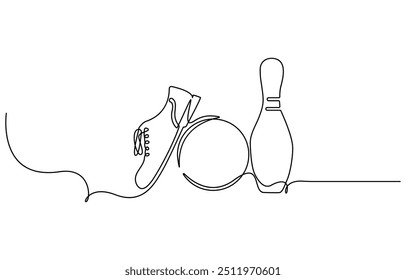 Single one line drawing bowling ball and pins. Sports equipment. Bowling sport game. Ball crashing pins. Strike bowling leisure concept. Modern continuous line draw design graphic vector illustration