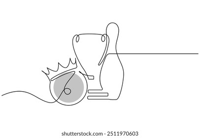 Single one line drawing bowling ball and pins. Sports equipment. Bowling sport game. Ball crashing pins. Strike bowling leisure concept. Modern continuous line draw design graphic vector illustration