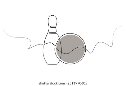 Single one line drawing bowling ball and pins. Sports equipment. Bowling sport game. Ball crashing pins. Strike bowling leisure concept. Modern continuous line draw design graphic vector illustration