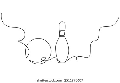 Single one line drawing bowling ball and pins. Sports equipment. Bowling sport game. Ball crashing pins. Strike bowling leisure concept. Modern continuous line draw design graphic vector illustration