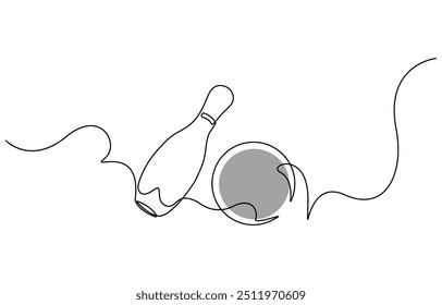 Single one line drawing bowling ball and pins. Sports equipment. Bowling sport game. Ball crashing pins. Strike bowling leisure concept. Modern continuous line draw design graphic vector illustration