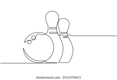 Single one line drawing bowling ball and pins. Sports equipment. Bowling sport game. Ball crashing pins. Strike bowling leisure concept. Modern continuous line draw design graphic vector illustration