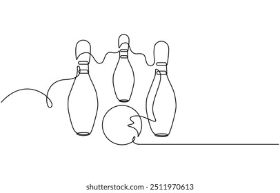 Single one line drawing bowling ball and pins. Sports equipment. Bowling sport game. Ball crashing pins. Strike bowling leisure concept. Modern continuous line draw design graphic vector illustration