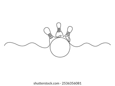 Single one line drawing bowling ball and pins. Sports equipment bowling sport game. Vector illustration