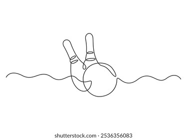 Single one line drawing bowling ball and pins. Sports equipment bowling sport game. Vector illustration