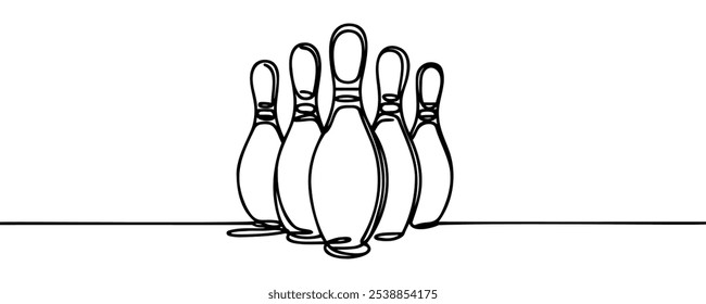 Single one line drawing bowling ball and pins. Sports equipment bowling sport game. Vector illustration