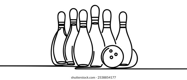 Single one line drawing bowling ball and pins. Sports equipment bowling sport game. Vector illustration