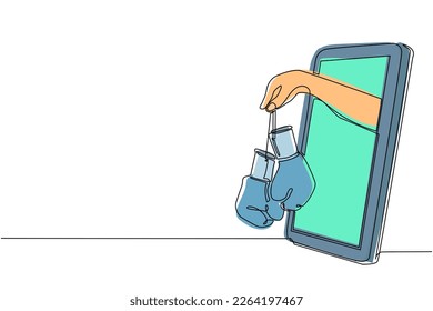 Single one line drawing boxer hand holds boxing gloves through mobile phone. Smartphone with boxing games app. Mobile sport stream championship. Continuous line draw design graphic vector illustration