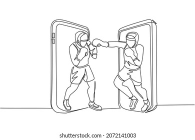 Single one line drawing boxers comes out from cellular phone ready to fight. Fighters in sportswear sparring, training. Competitive sport, single combat. Continuous line draw design graphic vector