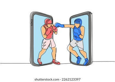 Single one line drawing boxers comes out from cellular phone ready to fight. Fighters in sportswear sparring, training. Competitive sport, single combat. Continuous line draw design graphic vector