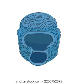 Single one line drawing boxing helmet flat symbol front view. Protection black gym hat. Uniform man mask sport icon. Swirl curl style. Modern continuous line draw design graphic vector illustration