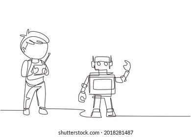 Single one line drawing boy playing with remote-controlled robot toy. Cute kids playing with electronic toy robot with remote control in hands. Continuous line draw design graphic vector illustration