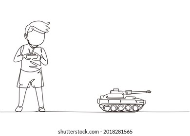 Single One Line Drawing Boy Playing With Remote-controlled Toy Battle Tank. Kids Playing With Electronic Toy Tank With Remote Control In Hands. Continuous Line Draw Design Graphic Vector Illustration