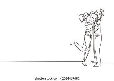 Single one line drawing boy giving rose flower to girl. Man in love giving flowers. Happy couple getting ready for wedding. Engagement and love relation. Continuous line design vector illustration