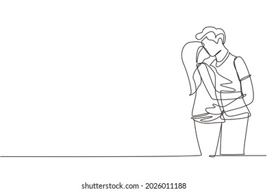 Single one line drawing boy and girl in love and kissing. Couple lovers kissing and hugging. Happy man and woman celebrating wedding anniversary. Continuous line design graphic vector illustration