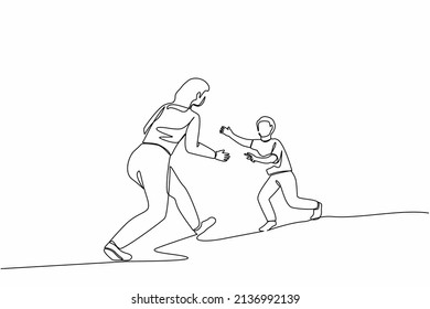 Single one line drawing boy running to mother. Cheerful boy running to hug his mother. Little son running to his mom who standing and waiting with open arms. Continuous line draw design graphic vector