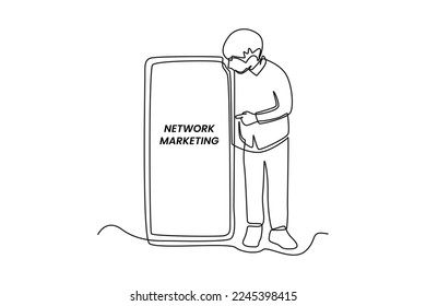 Un dibujante de una sola línea que apunta a un smartphone y entusiasta para aprender sobre el negocio del marketing en red. Concepto de marketing. Ilustración gráfica de vector de diseño de línea continua.