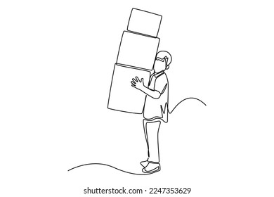 Single one line drawing A boy holding a stack of cardboard boxes in hands. Cargo Concept. Continuous line draw design graphic vector illustration.