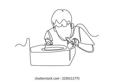 Single one line drawing boy drink aqua from public fountain. World water day Concept. Continuous line draw design graphic vector illustration.