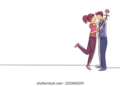 Single one line drawing boy giving rose flower to girl. Man in love giving flowers. Happy couple getting ready for wedding. Engagement and love relation. Continuous line design vector illustration