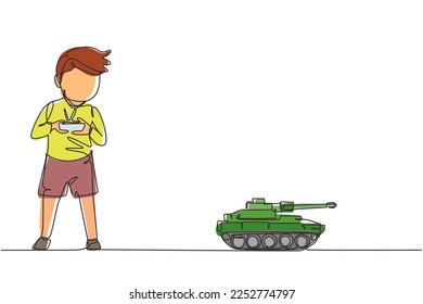 Un solo dibujante de una línea jugando con un tanque de batalla de juguetes controlado a distancia. Niños jugando con tanque de juguete electrónico con mando a distancia en las manos. Ilustración gráfica de diseño de trazos de línea continua