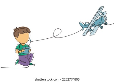 Single one line drawing boy playing with radio control airplane. Smiling kid controlled flying RC aeroplane. Happy childhood, hobby, pastime concept. Modern continuous line draw design graphic vector