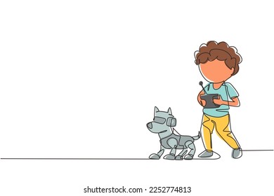 Un dibujante de una sola línea jugando con un robot de perro juguete electrónico con control remoto en las manos. Niños felices con mascota robot de control remoto. Ilustración de líneas continuas moderna de diseño gráfico vectorial