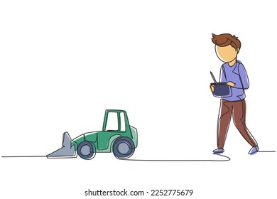 Single one line drawing boy playing with remote-controlled bulldozer toy. Kids playing with electronic toy bulldozer with remote control in hands. Continuous line design graphic vector illustration