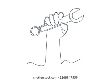 Single one line drawing boy holding wrench. Auto service concept. Continuous line draw design graphic vector illustration.