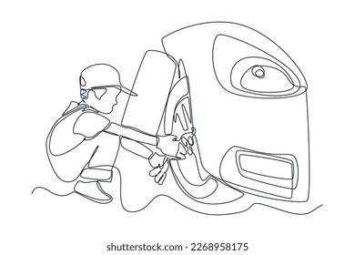 Single one line drawing boy mechanic changing car tire. Auto service concept. Continuous line draw design graphic vector illustration.